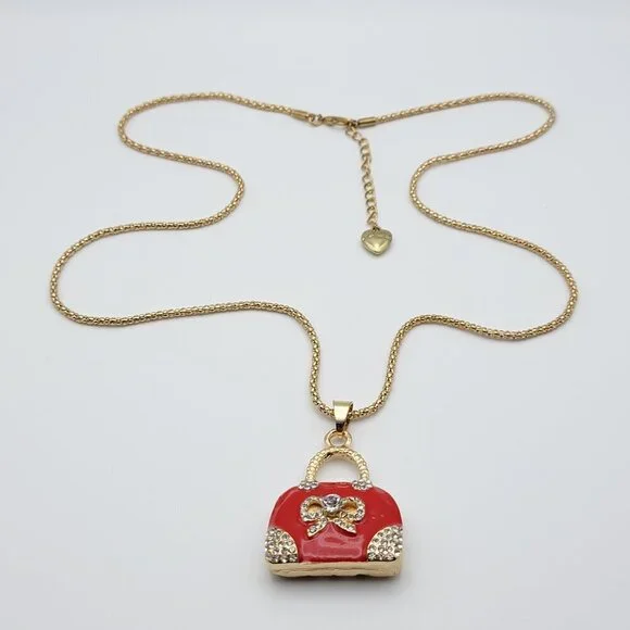 Betsey Johnson Red Enamel Purse Pendant Necklace Gold-Tone Clear Crystal 30 Inch - Picture 3 of 8